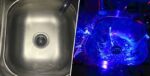Очищенная раковина при нормальном освещении (слева) и при проверке ее на бактерии (справа) 