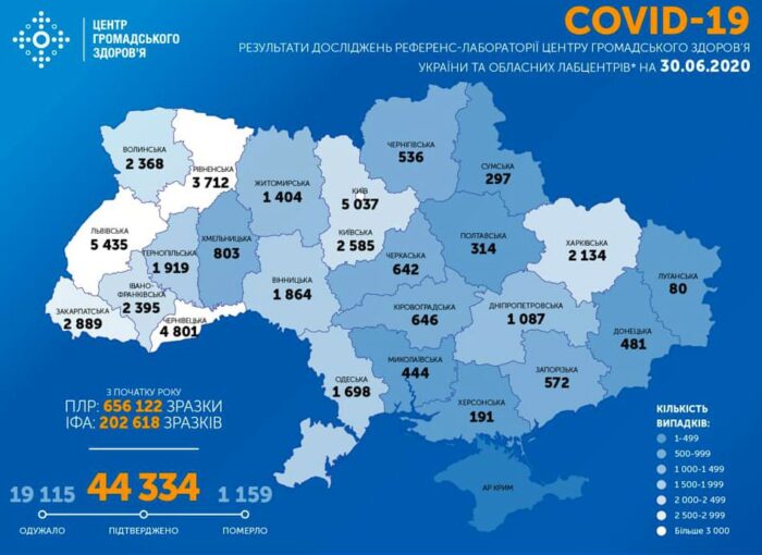 Карта заболеваемости коронавирусом в Украине на 30 июня