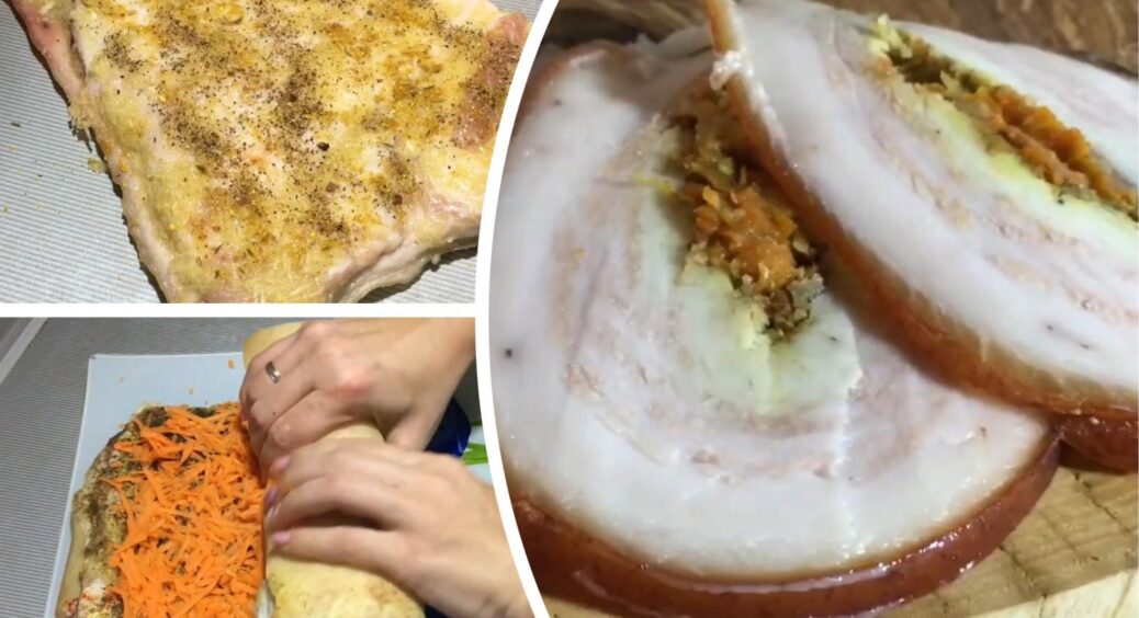 Ця пікантна закуска з 5 інгредієнтів – “зірка” будь-якого столу: сало з начинкою з перцю і корейської моркви 