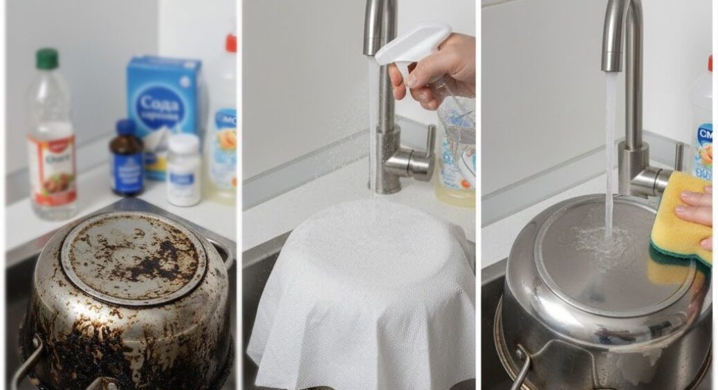 “Замизгані” каструлі тепер блищать ще ліпше за нові: на посудину — серветки, а розчин — у пульверизатор 