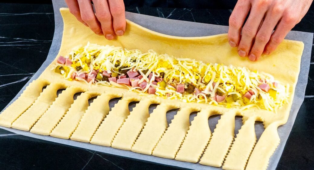 Беру 500 г листкового тіста та 120 г шинки – і через 25 хв кличу всіх на чай та каву із закусочним пирогом 