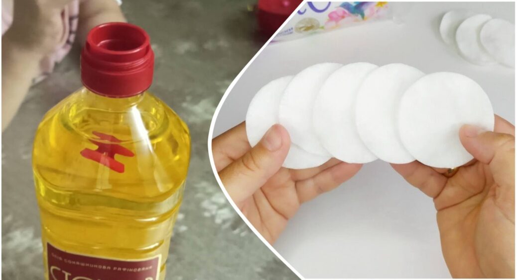 Набридло, що вся пляшка олії – жирна: взяла 1 ватний диск, склала навпіл, надрізала і ось так вдягла 