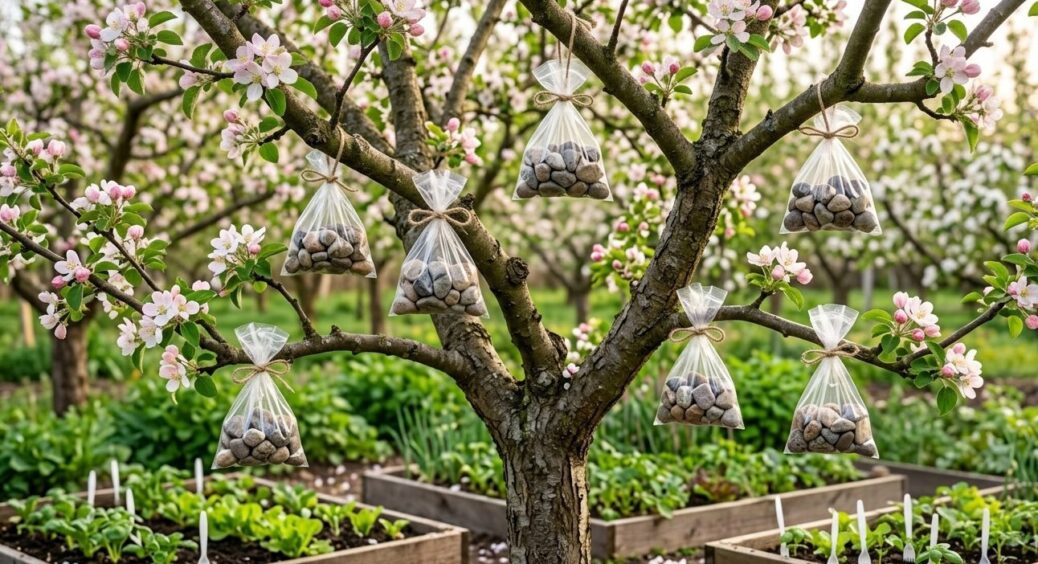 На вишні та яблуні вже повісила пакетики з камінням – це найкращий “трюк” за всі мої 67 років життя 