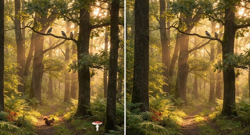 Тест на IQ: спробуйте знайти 3 відмінності на картинці з ранковим лісом за 25 секунд 