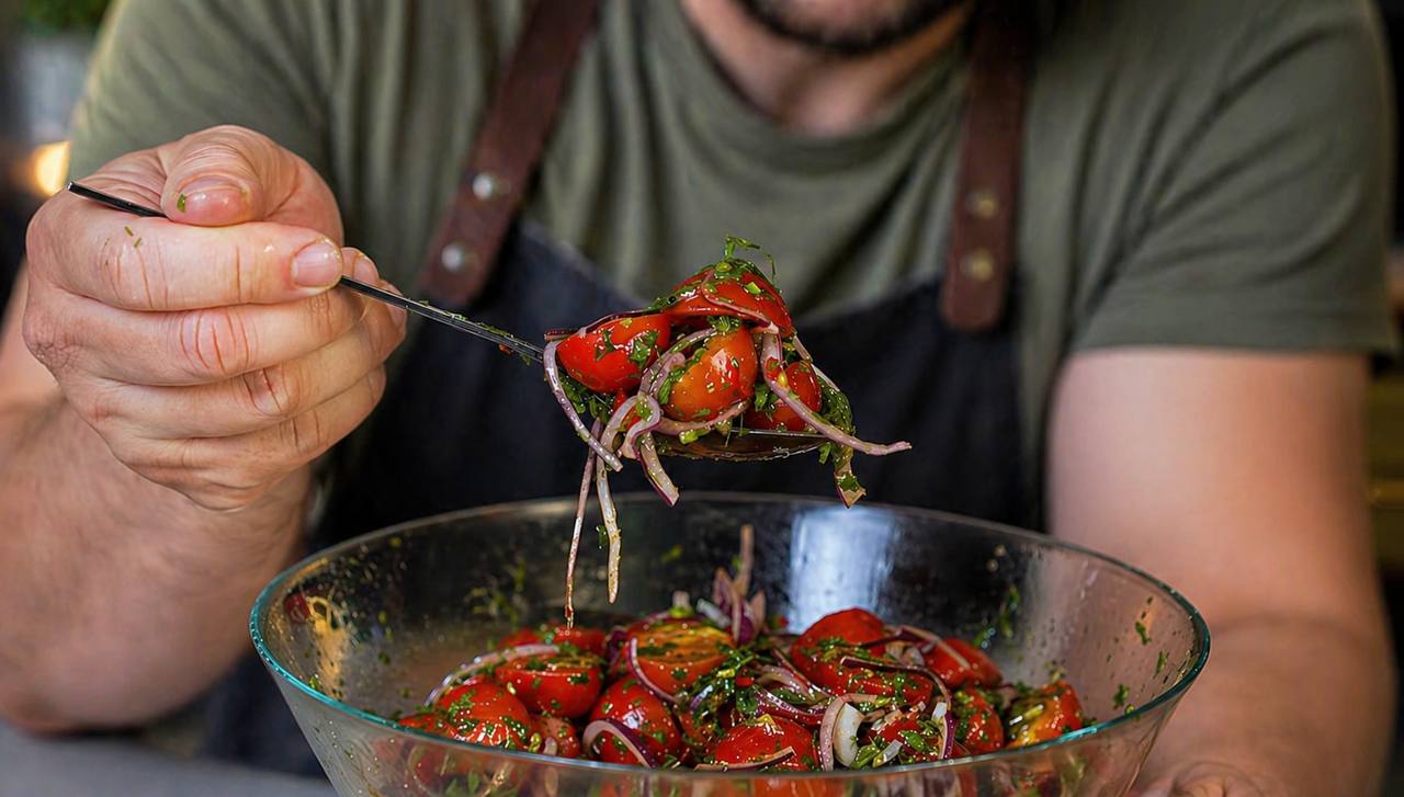 Кулінари поділилися рецептом салату з помідорів, цибулі та часнику до шашлику. Фото: Добрі новини