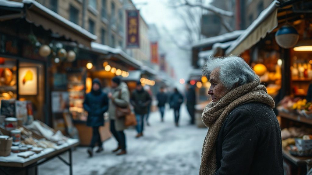 Старенька жінка стоїть на зимовому базарі
