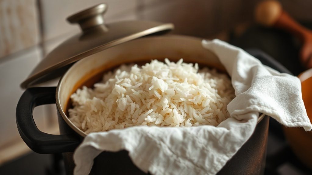 Каструля з рушником під кришкою для випаровування вологи з рису