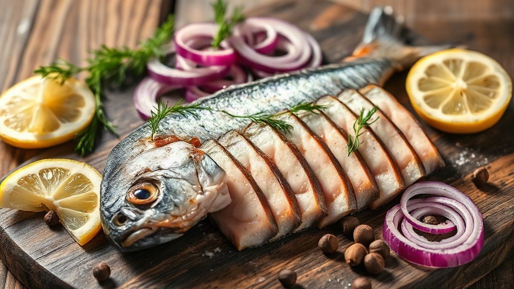 Апетитна солона скумбрія кусочками з цибулею та зеленню на дерев'яній дошці