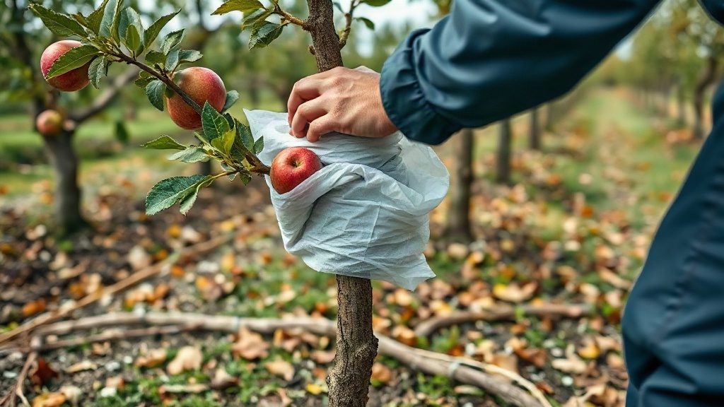 Процес обгортання стовбура молодого дерева захисним матеріалом