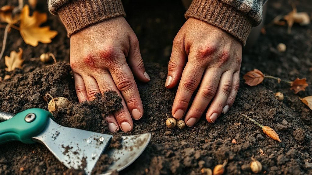 Садівник висаджує насіння квітів у ґрунт пізньої осені