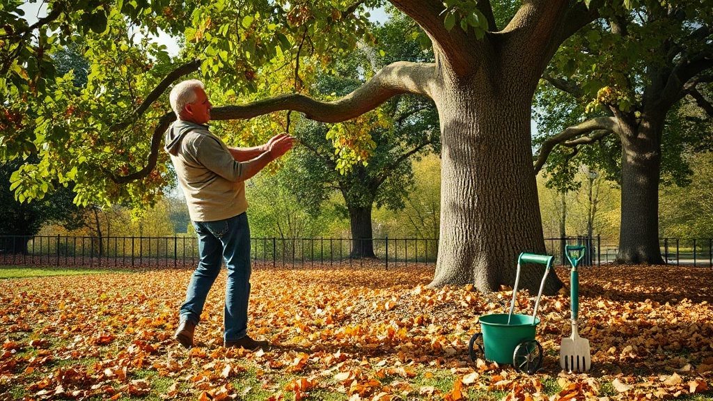 Прибирання листя під горіхом восени