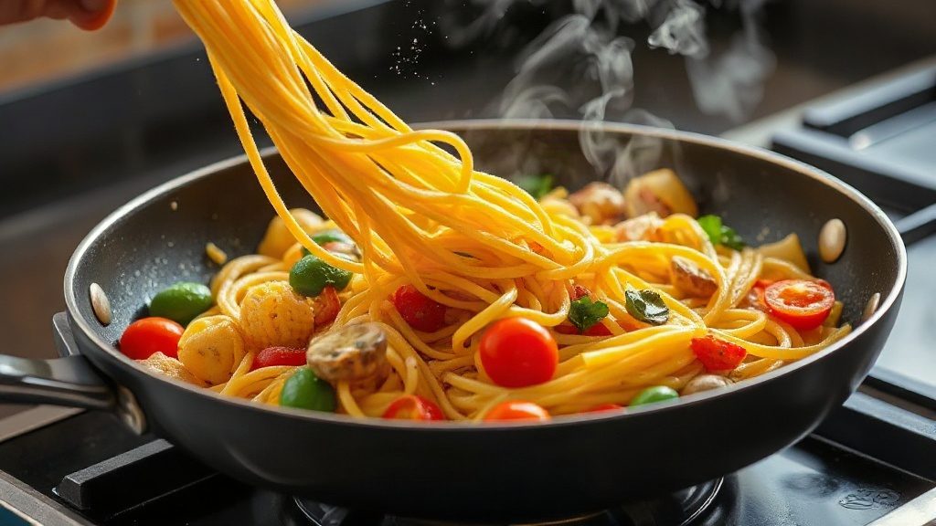 Процес приготування пасти з овочами на сковорідці